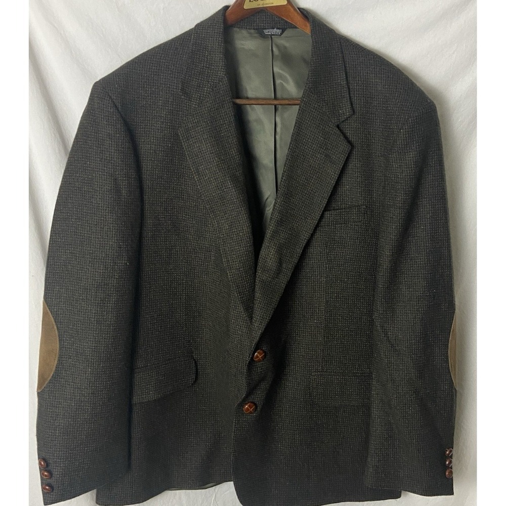 Vintage Oakmont Mens Blazer 46R Brown Black Wool Micro-Check Elbow‎ Patches USA